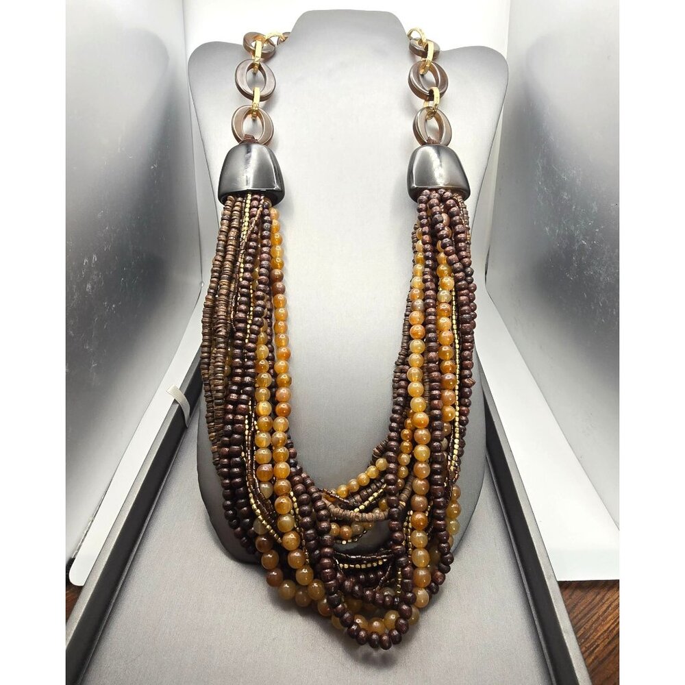 Chicos Multistrand Beaded Statement Necklace 26" Brown Gold Tone Adjustable